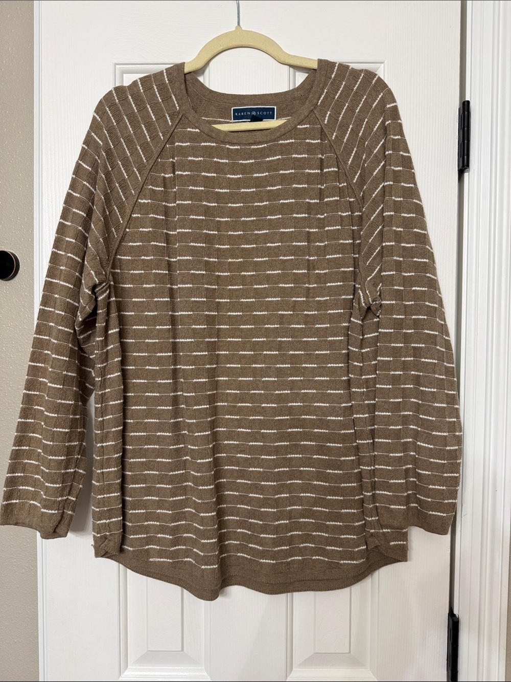 Karen Scott Taupe and White Striped Knit Pullover